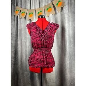Miley Cyrus Max Fuschia Black Zebra Rouched Ruffle Blouse Size S Sheer Top